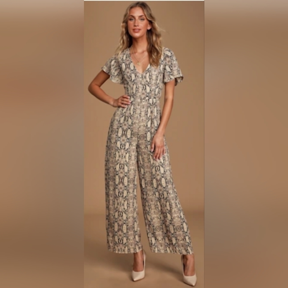 Lulus Sage The Label It Girl Tan Multi Snake Print Wide-Leg Jumpsuit, VGUC, Sz M